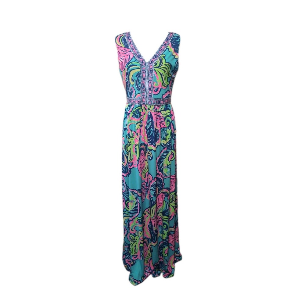 Lilly Pulitzer Addison Maxi Dress Sea Blue Private Island Blue Pink M